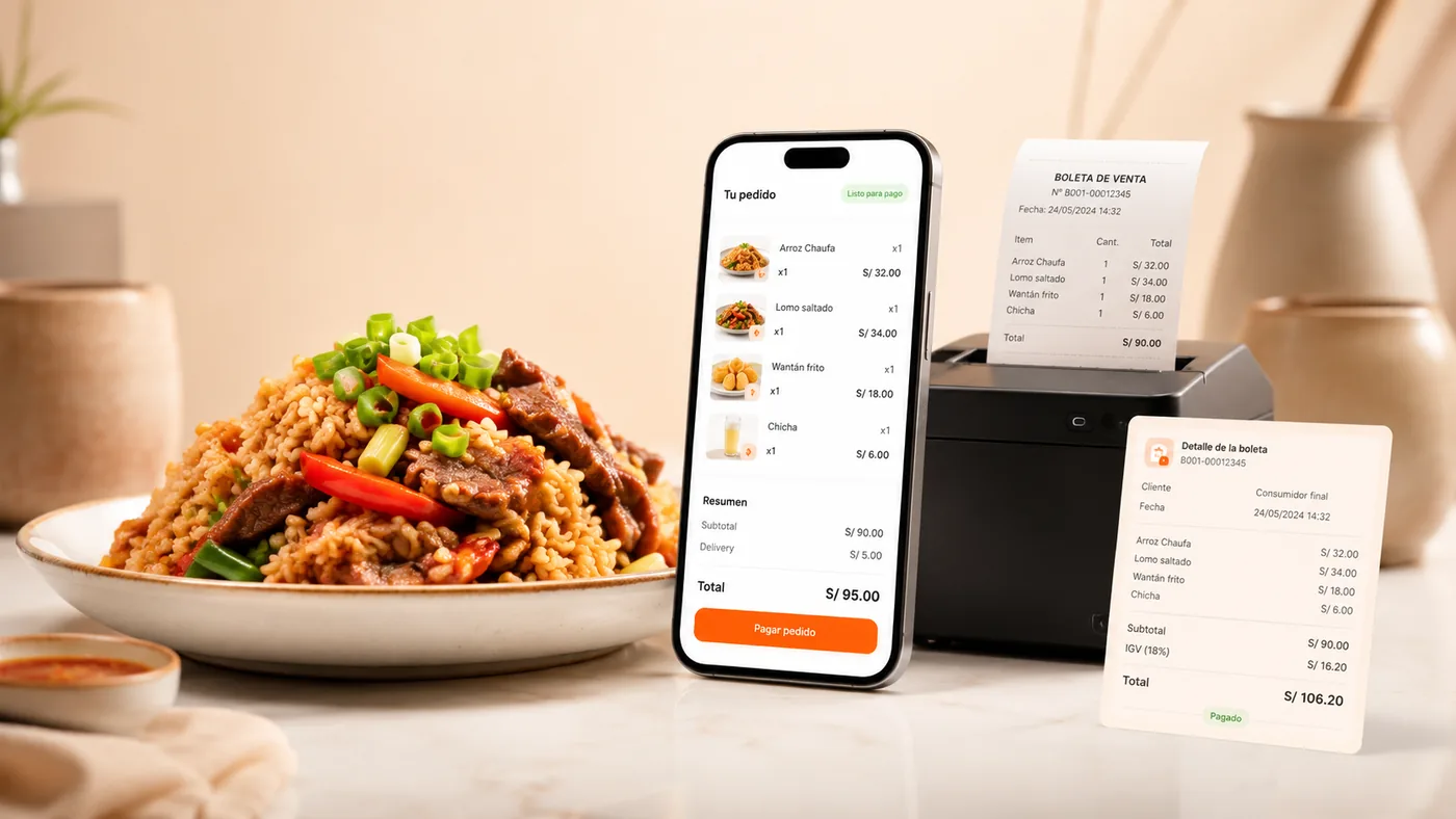 Plato de chifa con smartphone, boleta e impresora pequeña